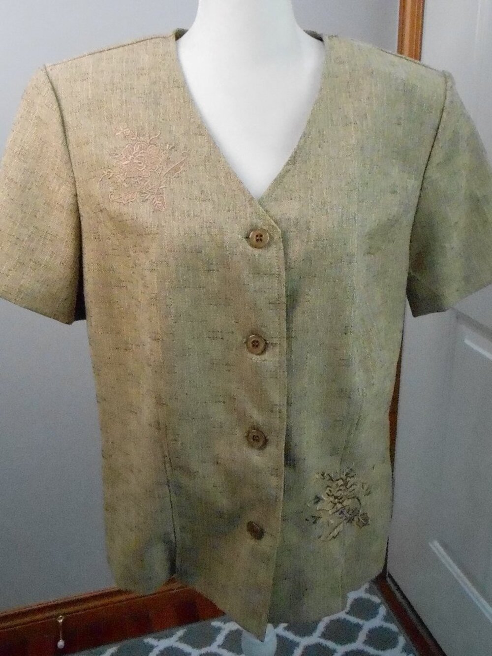 Sag Harbor Dress Women's Short Sleeve Brown Button Up V Neck  Blouse Size-14-VTG